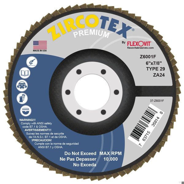 Flexovit FLAP DISC ZIRCOTEX 6 in X7/8 in 6X7/8 Z6001F